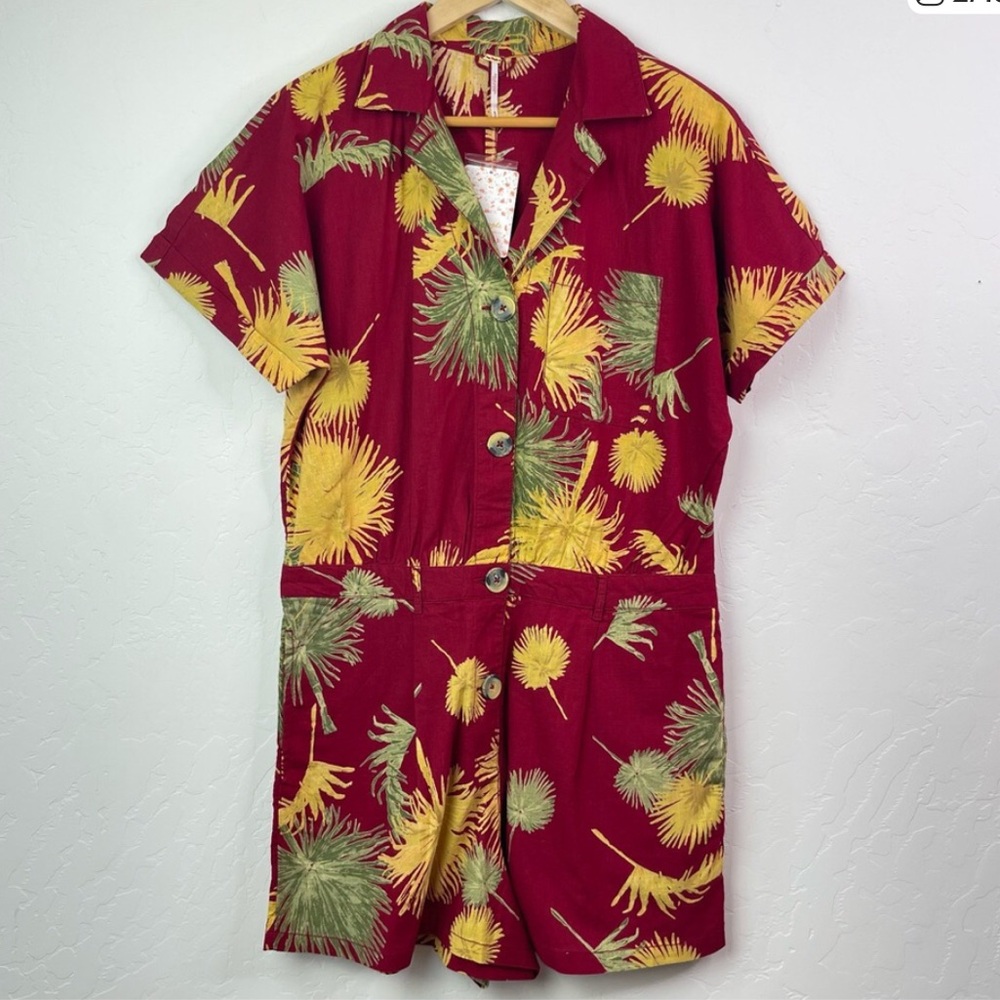 Free People Button Up Short Sleeve Tropical Themed Jumper/Romper in Burgundy NWT